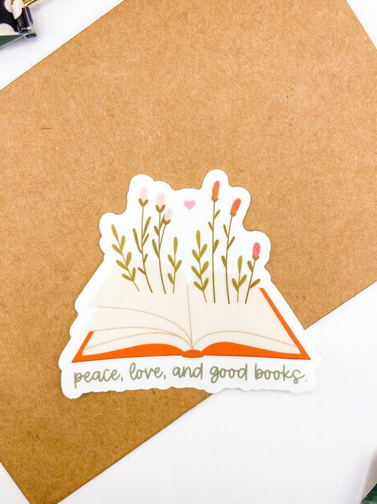 "Peace, Love, & Good Books" Transparent Vinyl Sticker