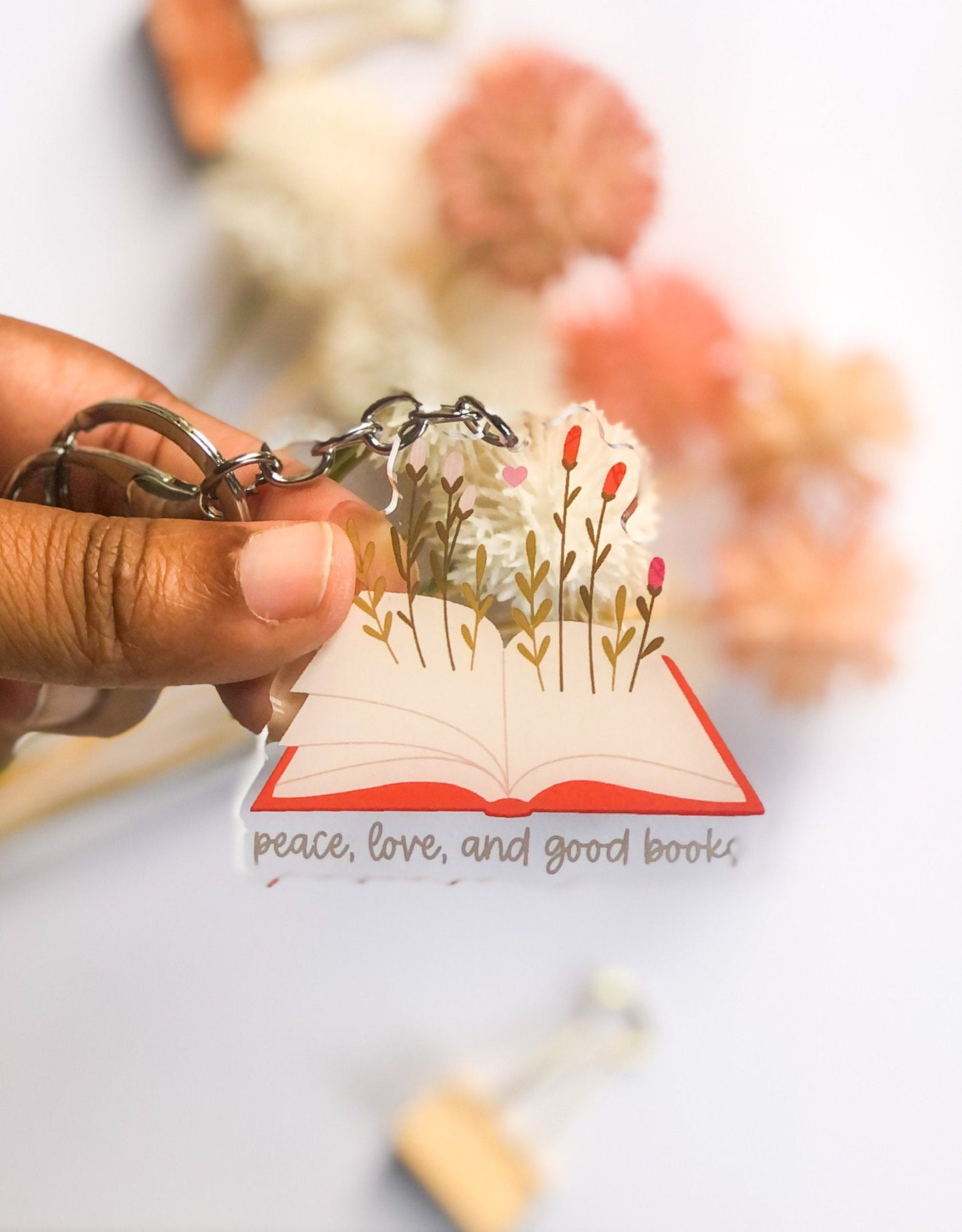 Peace, Love, and Good Books Acrylic Keychain